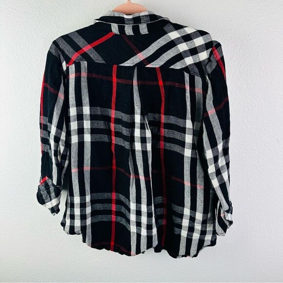 Boho Chic Black‎ White Red Linen Blend 3/4 Sleeve Blouse Size S - Picture 3 of 3